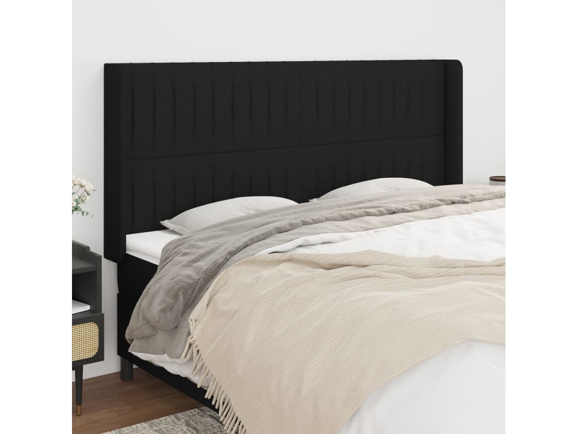 Cabecero Con Orejas De Tela Negro 203x16x118/128 Cm