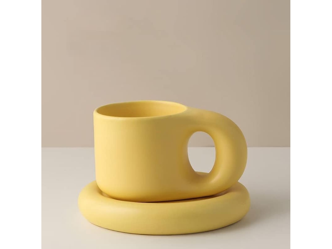 2026-33453-set De Taza De Cerámica Con Plato, Taza Artesanal De Porcelana Con Mango Ancho 300ml Macaroon
