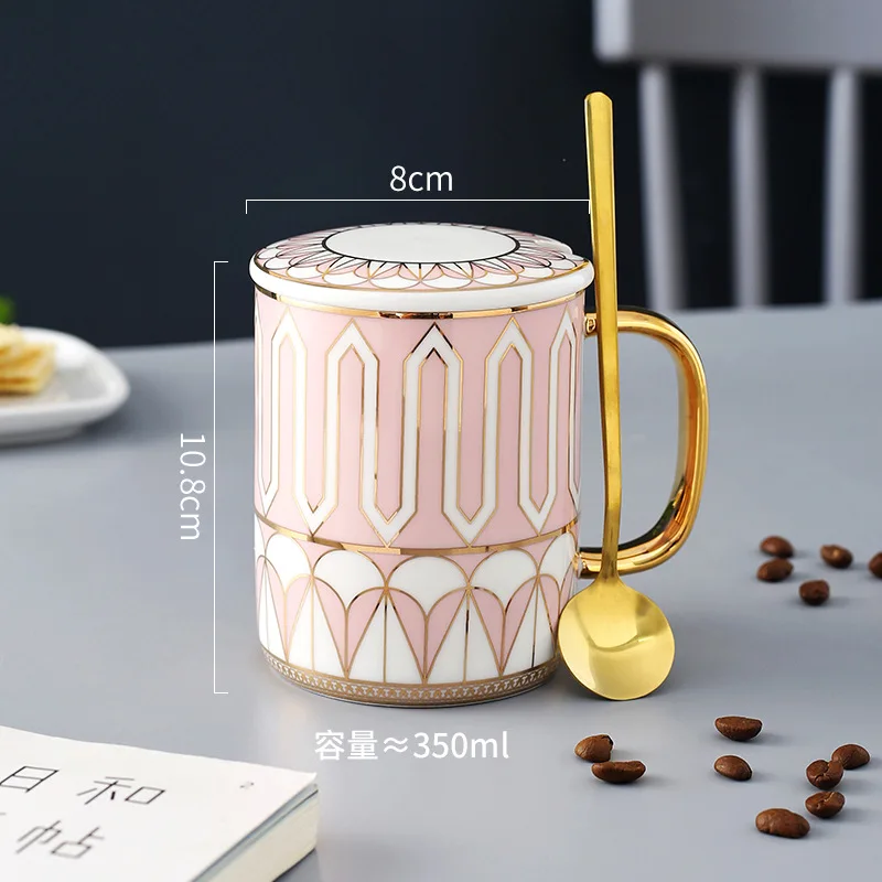 Taza de café de cerámica de estilo inglés con borde y tapa dorados, MDUG Office Tea Mug (Estilo F 350 ml)