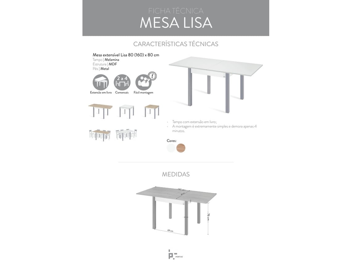 Mesa de Cocina Extensible PORTUS Lisa (80x80 (160) x75 cm - Aglomerado -  Blanco)