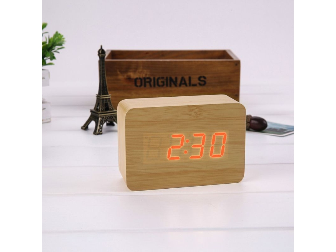 2026-reloj Despertador Digital Led Carga Usb Batería 3 Alarmas 2 Modos Temperatura 3 Brillos Madera Bambú Luz Roja