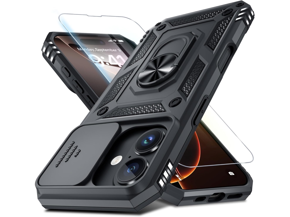 Funda protectora para la lente de la cámara del iPhone 16 Pro, resistente a impactos, con anillo para el dedo y soporte integrado, color negro. AEUZWR