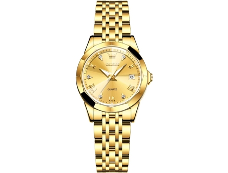 VEANXIN Reloj casual de acero inoxidable para mujer, estilo simple con diamantes en números romanos(oro)