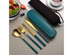 (oro Verde) Juego De Cubiertos Portátil De Acero Inoxidable 304, Que Incluye Cuchillo, Tenedor, Cuchara Y Caja De Almacenamiento.