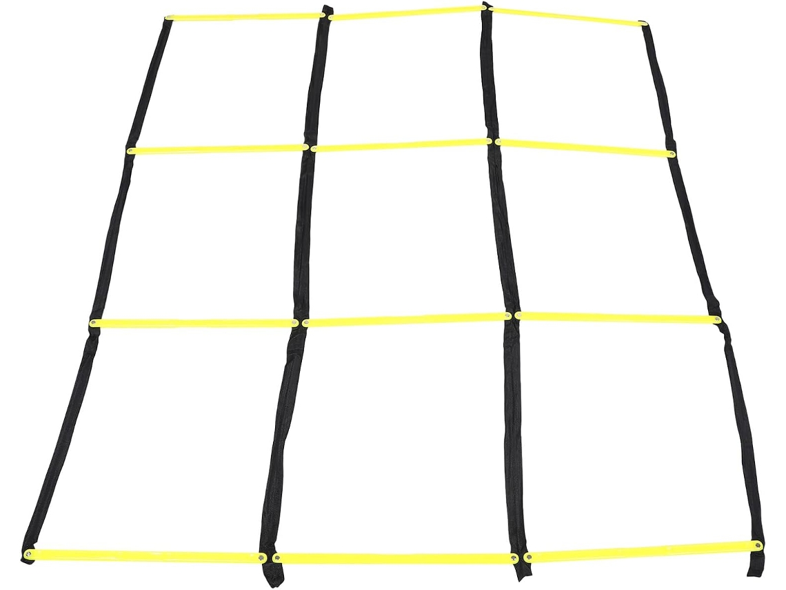 Escalera de agilidad plegable amarilla con 9 compartimentos y cuerda resistente a la intemperie, herramienta de entrenamiento.