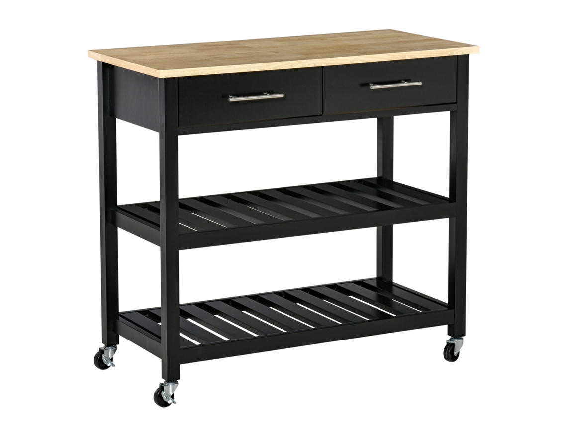 Carrito De Cocina Con Ruedas, 2 Estantes, 2 Cajones, Color Negro, Madera Natural.