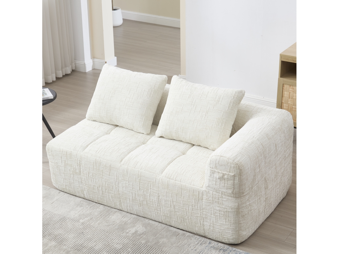 Sofá para dos personas, no necesita montaje, con cojín, bolsillos laterales para mando a distancia y teléfono, elegante Mobrio beige.