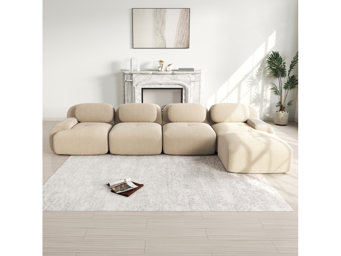 Sofá Esquinero 4 Plazas, Cojines 32D Alta Elasticidad, Antideslizante, Chaise Longue, Brazos Anchos, Combinable, Sin Montaje – Beige