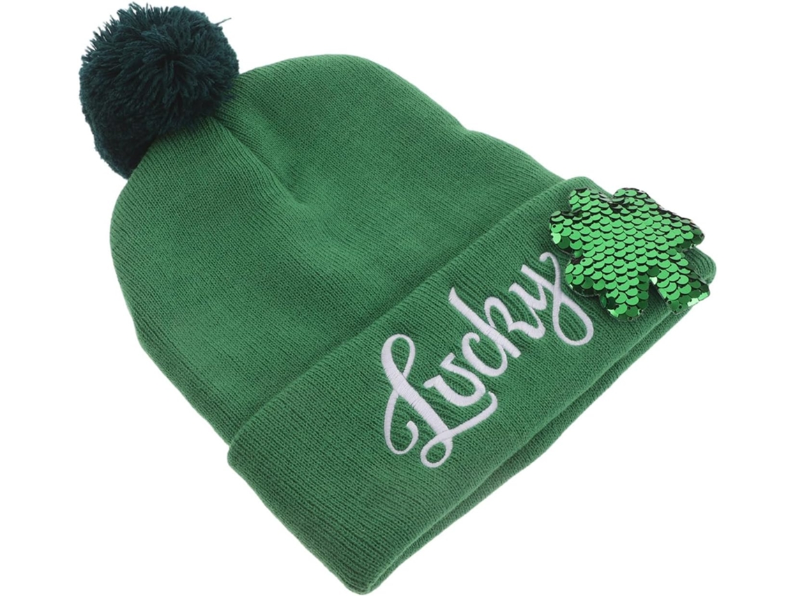Gorro de invierno verde con trébol irlandés bordado y lentejuelas.