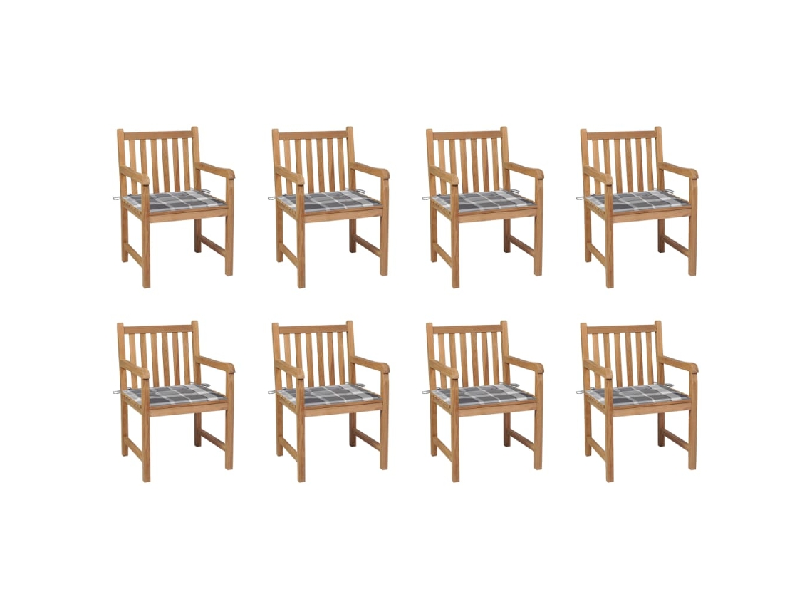 Sillas de jardín con cojines de cuadros grises, 8 piezas, teca maciza, Dkd Home Decor