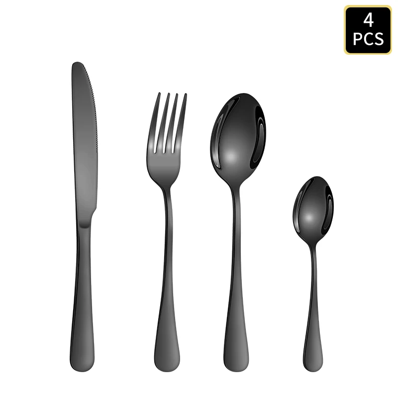 Juego de cuchillo, tenedor y cuchara de acero inoxidable con mango redondo 1010. MDUG (4 piezas, negro)