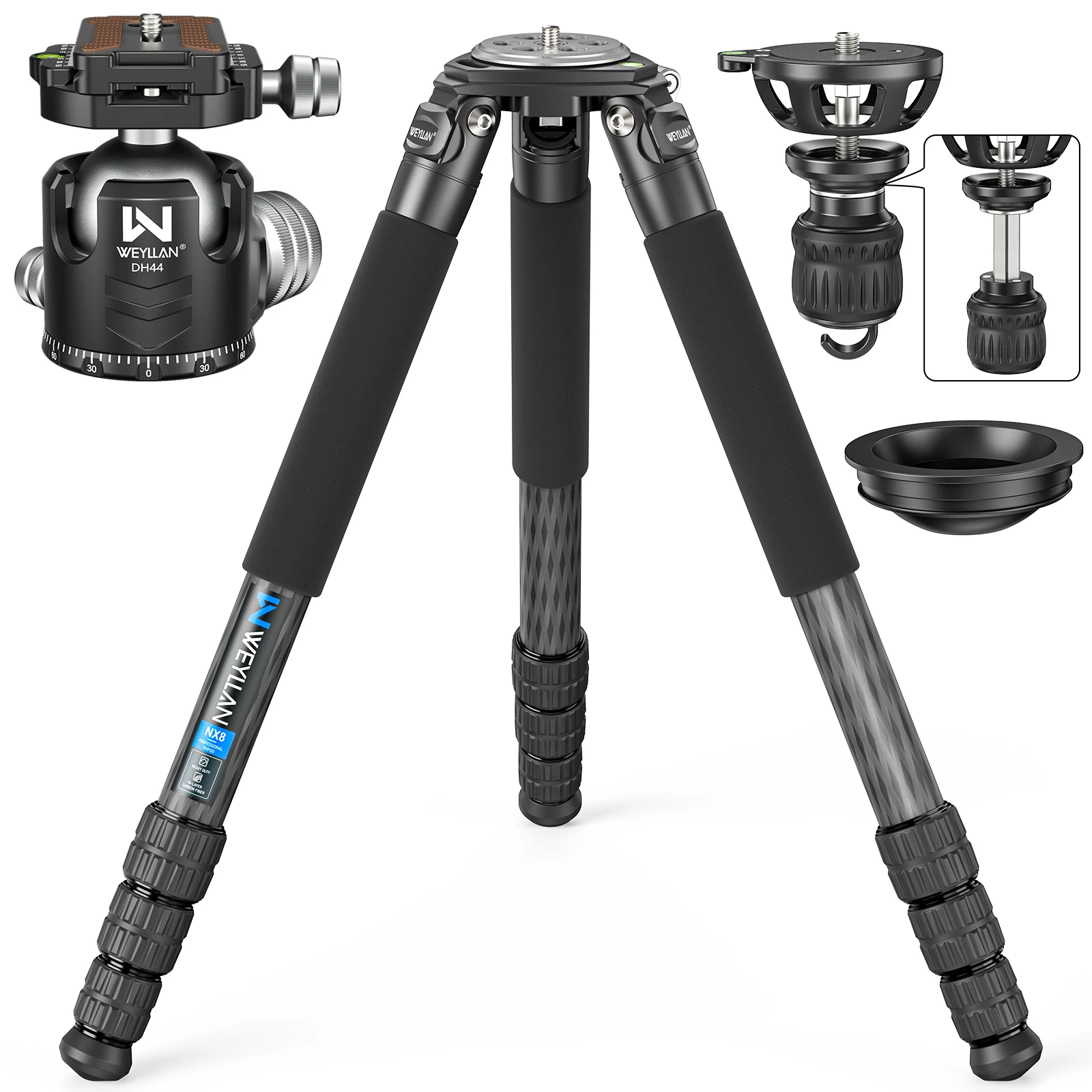 Trípode de fibra de carbono NX8, ultraestable, soporta hasta 35 kg, tubo máximo de 36 mm, ligero y profesional, para DSLR, incluye DH44 B75M.