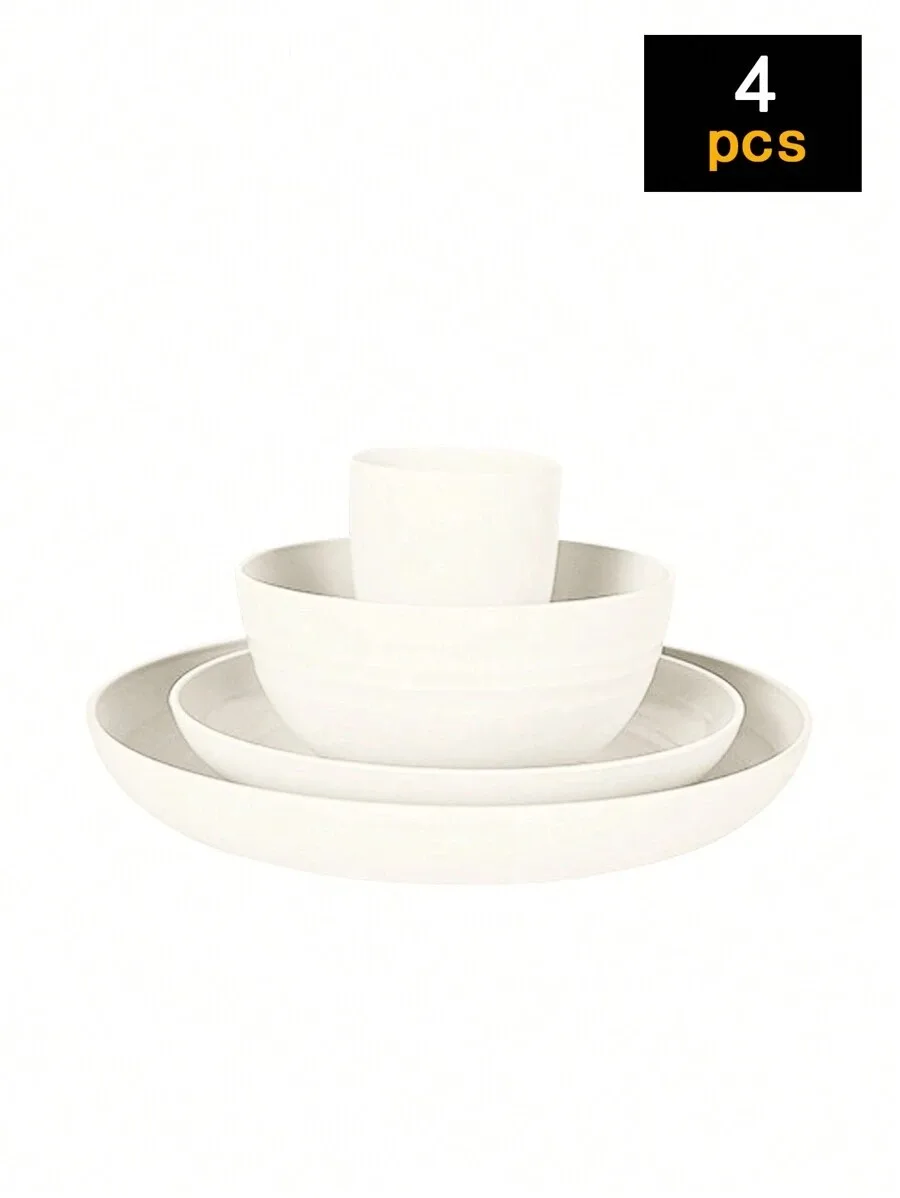 Juego De Cubiertos De Plástico (beige De 4 Piezas), Que Incluye Plato, Tazón Y Taza.