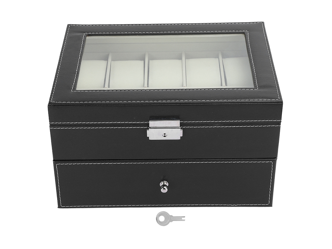 Estuche Para Relojes De Dos Capas Con 10 Compartimentos Para Relojes Y Gafas - Negro