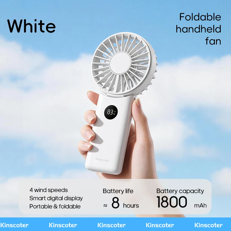 Ventilador Portátil Plegable De Mano (blanco), Batería De 1800 Mah, Pantalla Led, 4 Velocidades De Viento, Ángulo Ajustable.