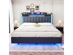 Cama 140x200cm, Led, Usb, Cabecero Con Escondite, Diseño Suspendido, Resistente 250kg, Para Adolescentes, Sin Colchón, Gris