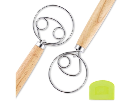 Batidor de masa de pan, batidor holandés de madera de acero inoxidable de 2 piezas, utensilios de cocina para masa de cocina