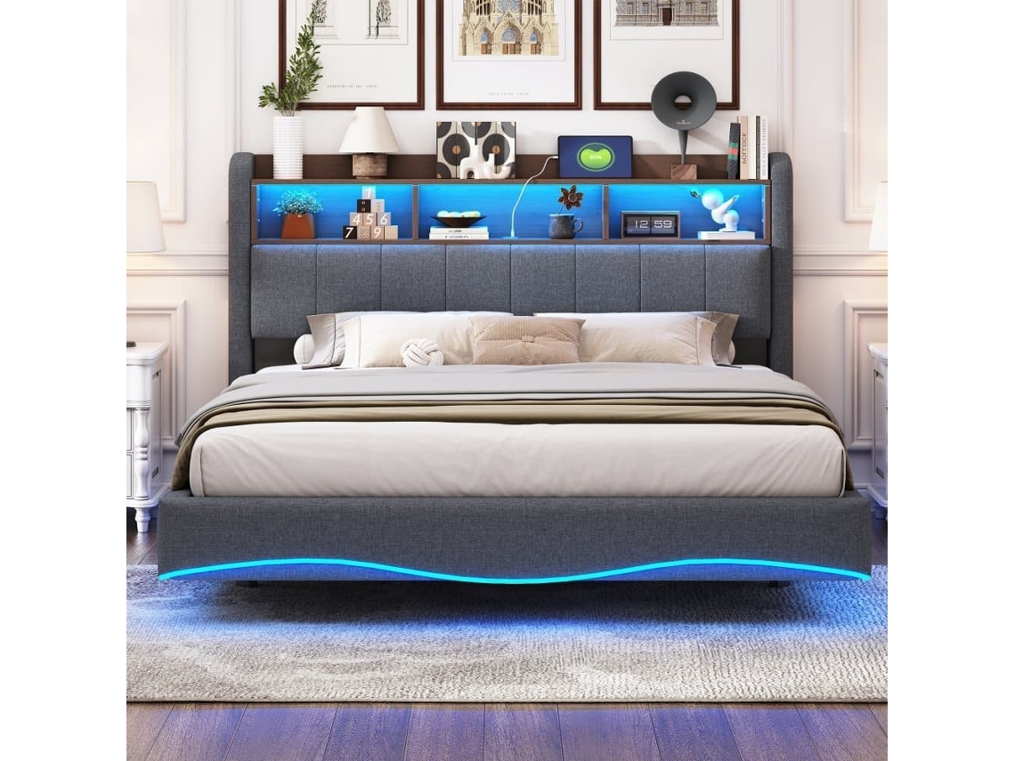 Cama De Adulto 160x200 Cm En Tejido De Lino - Cabecero Con Almacenaje Con Led Y Enchufes - Gris