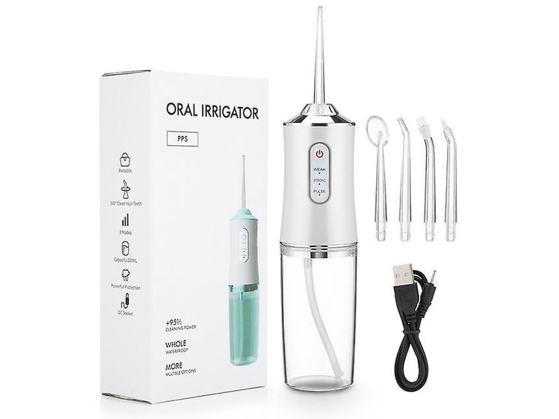 Irrigador Bucal Portátil Recargable Por Usb Con 4 Boquillas, Capacidad De 220 Ml, 3 Modos, Clasificación Ipx7, 1400 Rpm, Blanco.