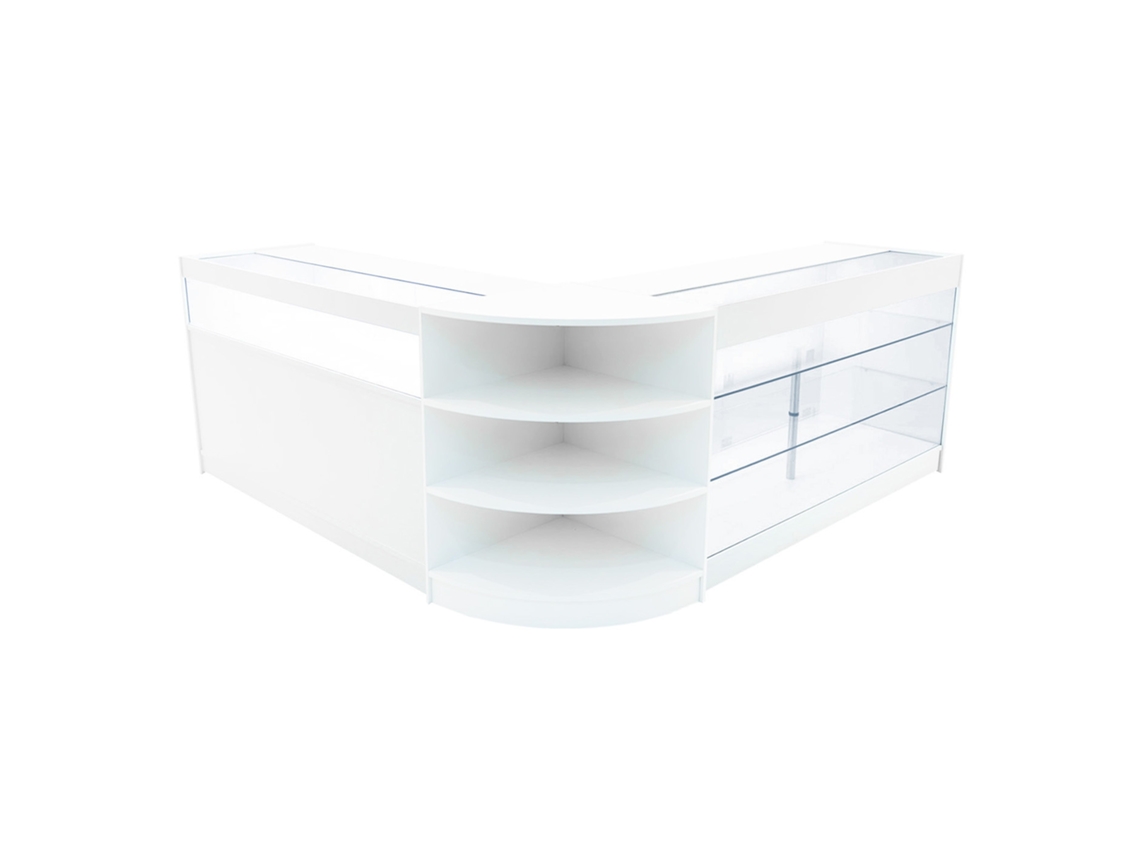 Mostrador comercial MonsterShop Demeter, blanco, K1500B1500LM60, MDF y vidrio templado