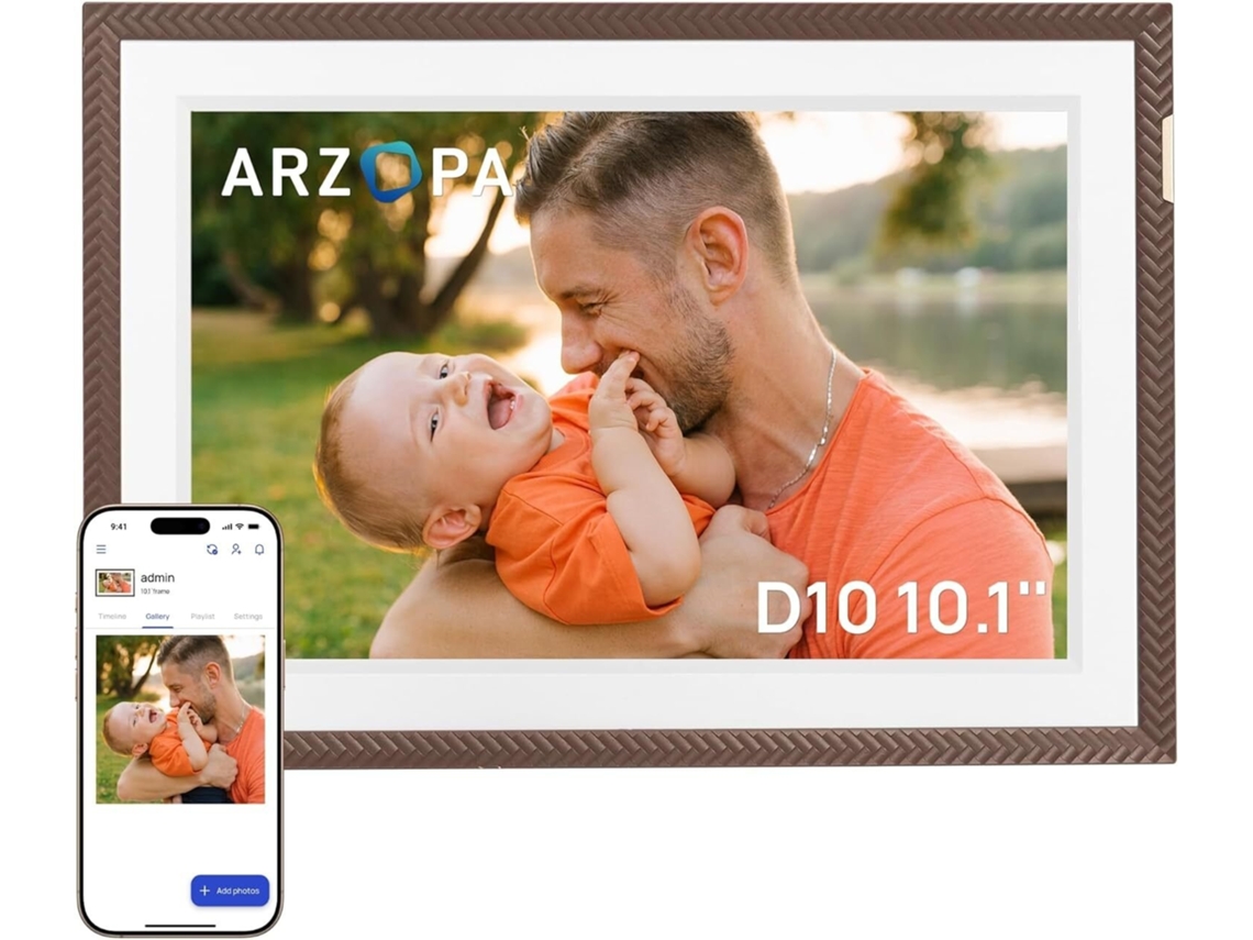Arzopa D10 Marco De Fotos Digital Wifi 10.1 Pulgadas 1280x800 Pantalla Táctil Comparte Fotos Marrón