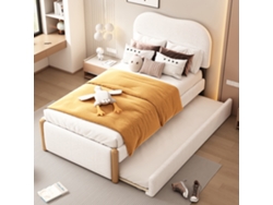 Cama Plana De 90*200cm, Estofada, Com Prática Cama Auxiliar Retrátil, Design Minimalista, Branca.