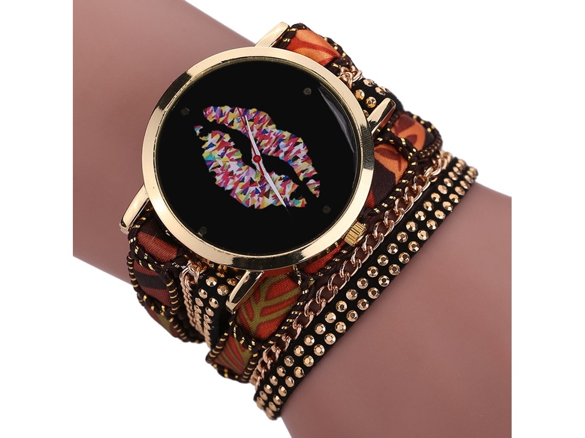 Reloj De Pulsera De Mujer De Estilo Étnico Con Diseño De Capas, Correa Marrón Y Movimiento De Cuarzo.