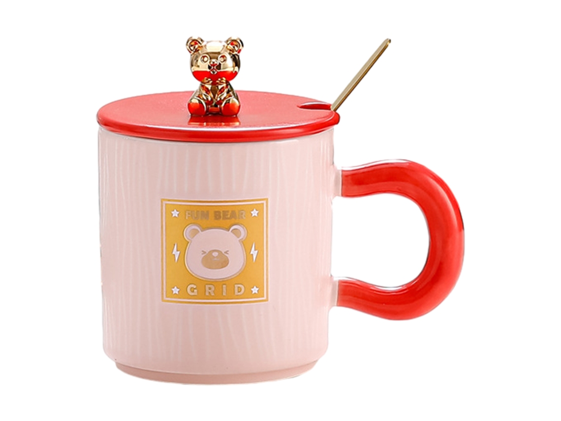 Taza de 320 ml con tapa y cuchara, taza de oso de cerámica, taza de desayuno para parejas en casa u oficina NEVEANCE