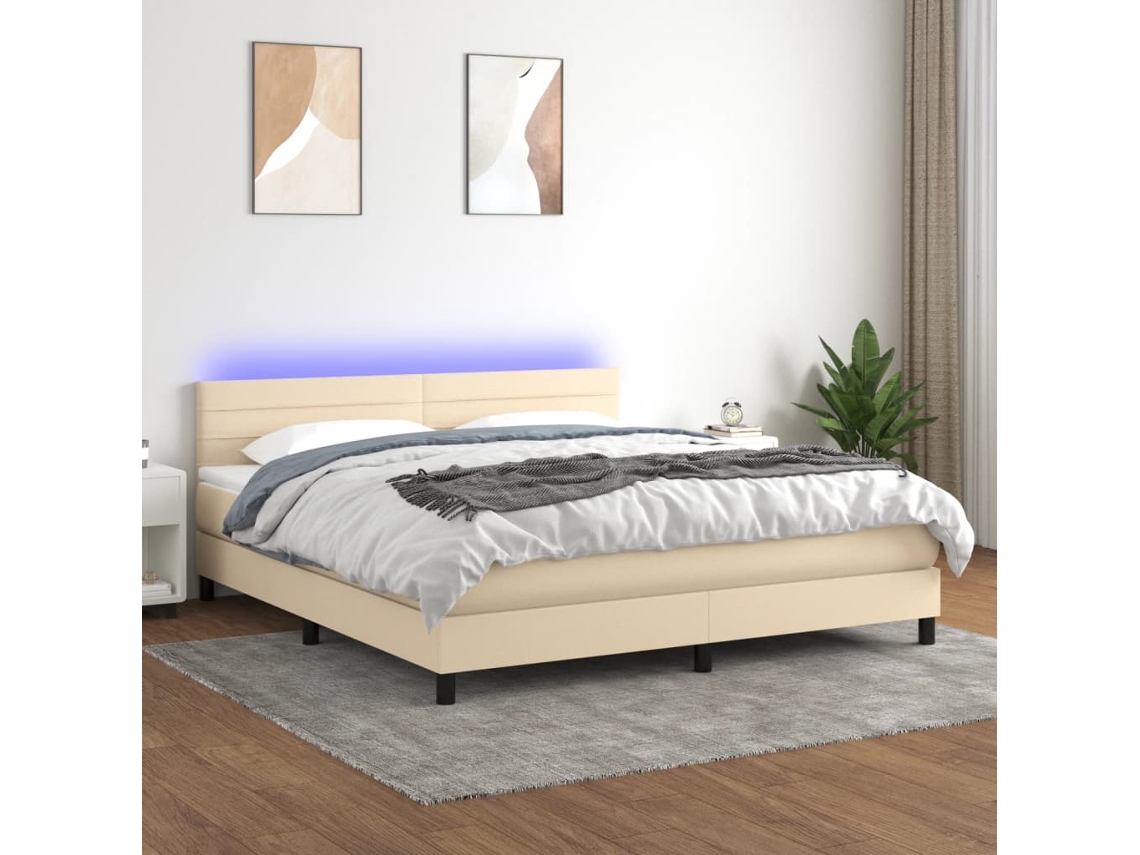 Cama Box Spring Colchón Y Luces Led Tela Crema 180x200 Cm