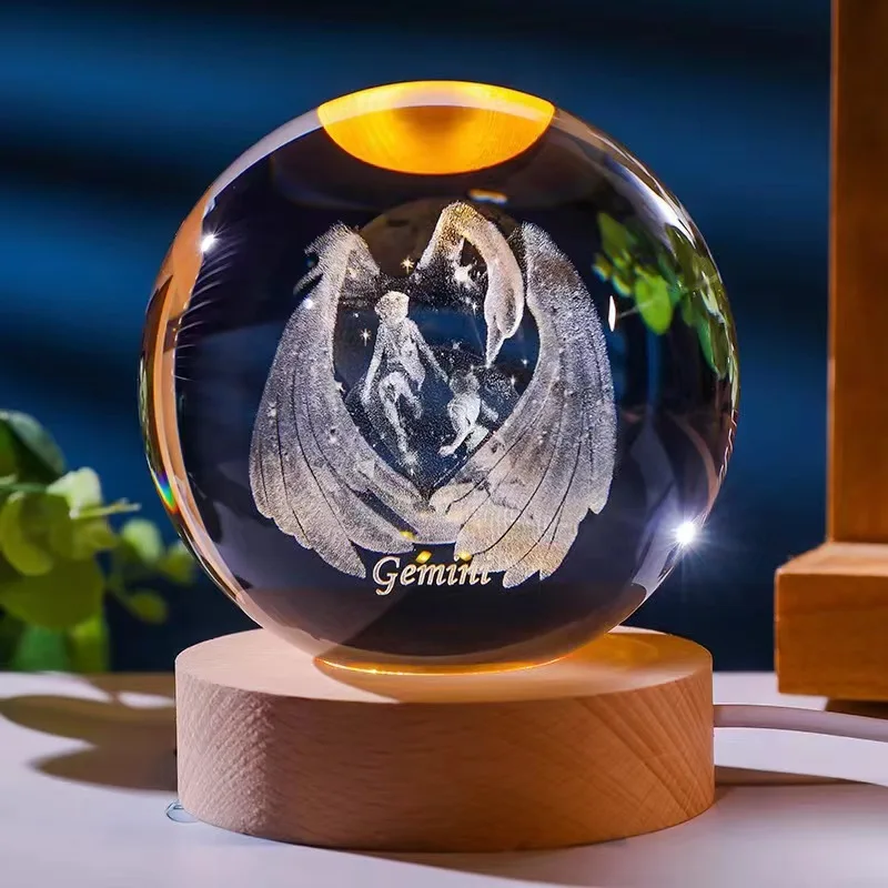 (géminis 6x6 Cm Con Luz) Bola De Cristal De Doce Constelaciones De 6,8 Cm, Base De Madera Con Led