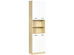Columna de baño, armario alto de baño con 4 puertas, 2 estantes abiertos y ajustables, 53 x 33,5 x 195,7 cm, blanco y madera.