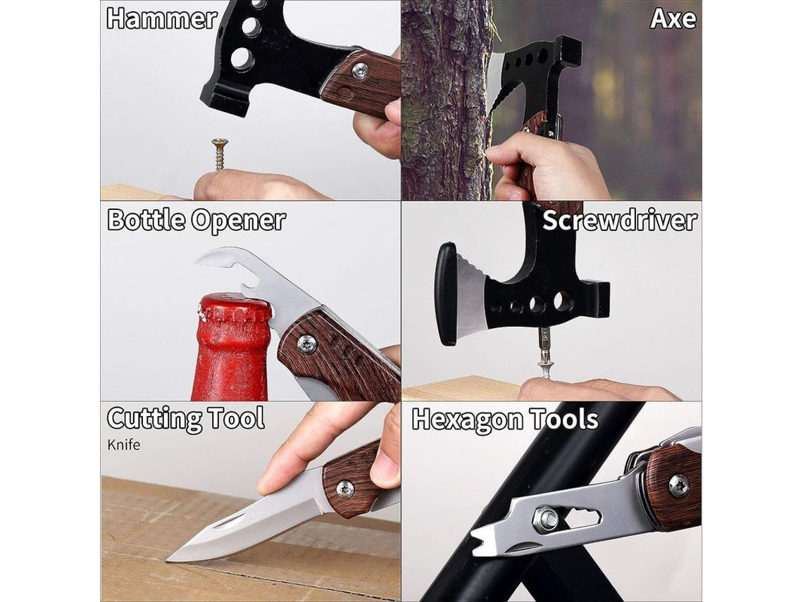 Hacha De Campamento Multifunción Acero Inoxidable Herramienta Edc 8 En 1 Para Camping Pesca Supervivencia Con Funda Protectora