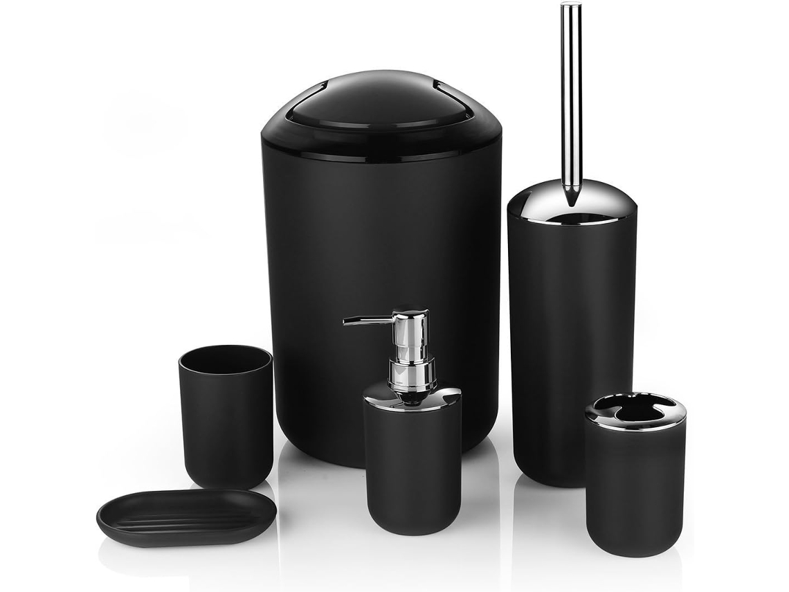 Juego de 6 accesorios de baño de plástico, que incluye botellas de loción, portacepillos de dientes, vaso para cepillos de dientes, jabonera, inodoro