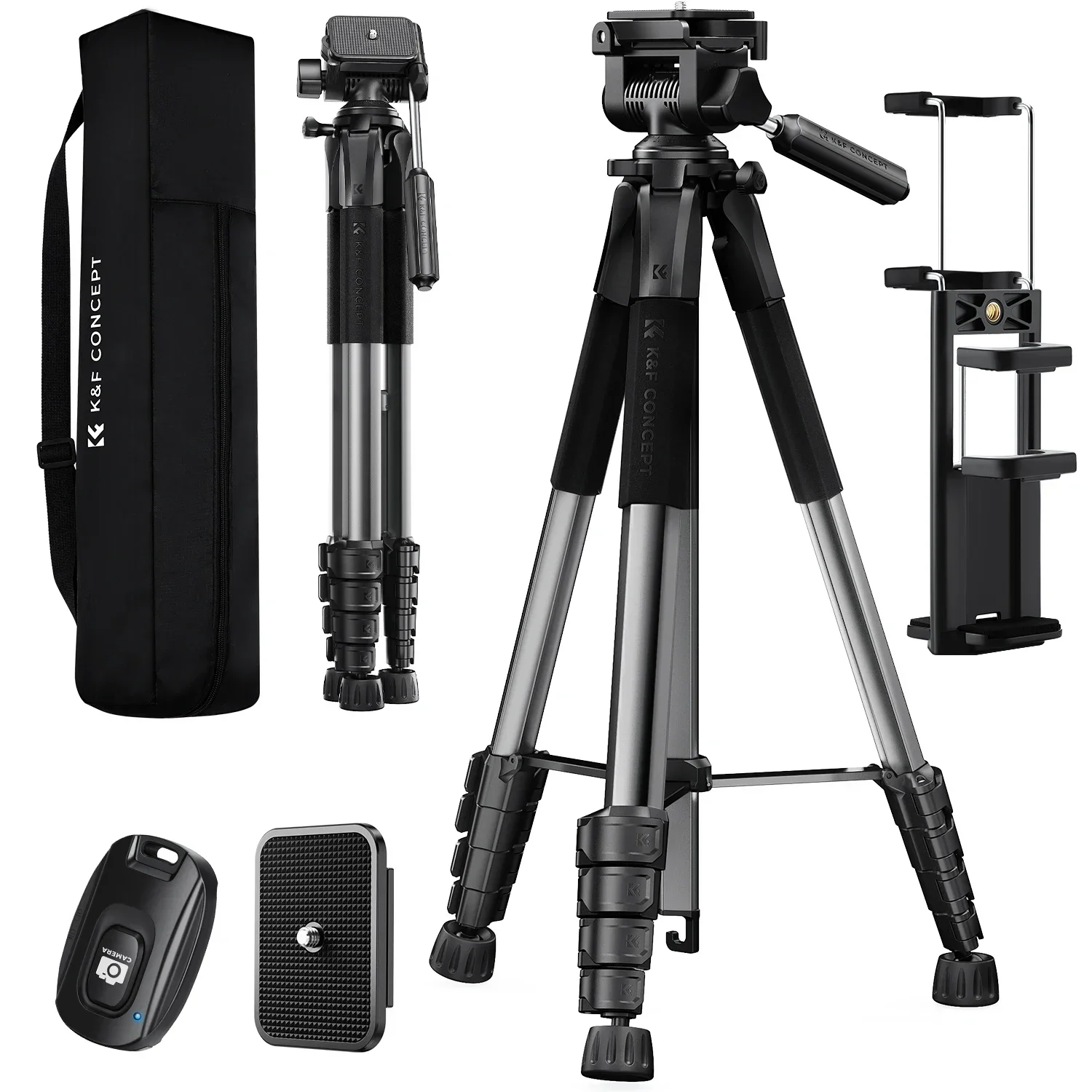 Trípode para cámara de 190 cm (75 pulgadas), ligero y portátil para viajes al aire libre, para DSLR, cámara y teléfono móvil, negro y gris oscuro