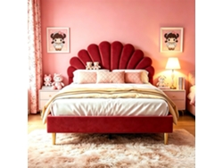 Cama Con Cabecero, Cama Acolchada 140x200, Cama Infantil Con Forma De Flor, Para Adolescentes Y Adultos, Sin Colchón, Terciopelo Rojo