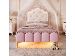 Cama Tapizada 90x200 Cm Con Led - Material Piel Sintética - Con Somier - Rosa