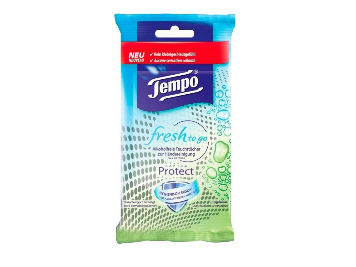 Protectores Chusteczki Fresh To Go Tempo, 10 unidades higiénicas y protectoras, para usar en movimiento. Ayuda a mantener la higiene diaria.