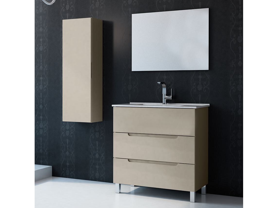 Mueble de baño con Lavabo, Espejo y Aplique LED VICTORIA 100x45 cm acabado Moka mate 3 cajones con patas