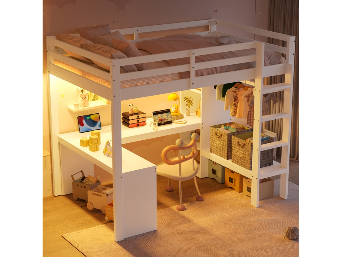 Cama Alta 140x200 - Estanterías Multifunción, Escritorio Inferior, Luz Led, Usb - Blanco