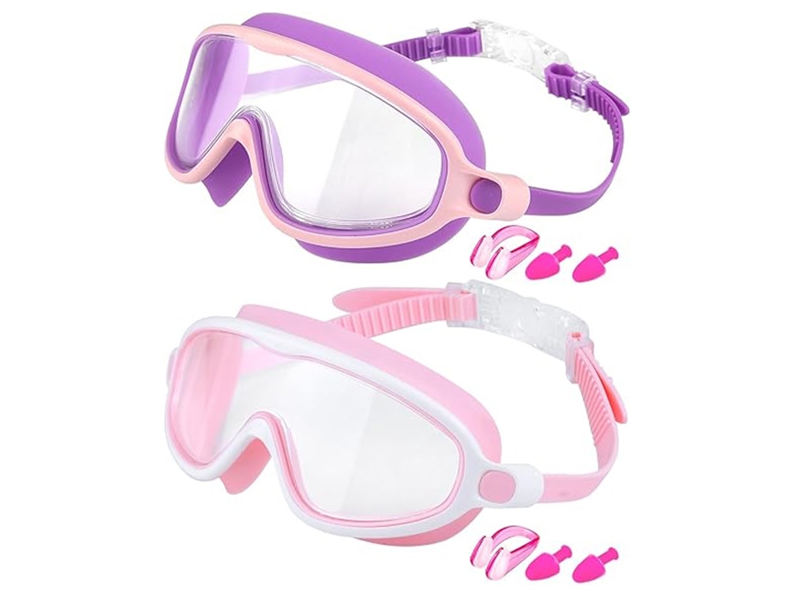 Conjunto de gafas de natación para niños 600a Morado/Rosa + Rosa/Blanco (Gafas de natación + Pinza nasal + Estuche protector para las orejas)