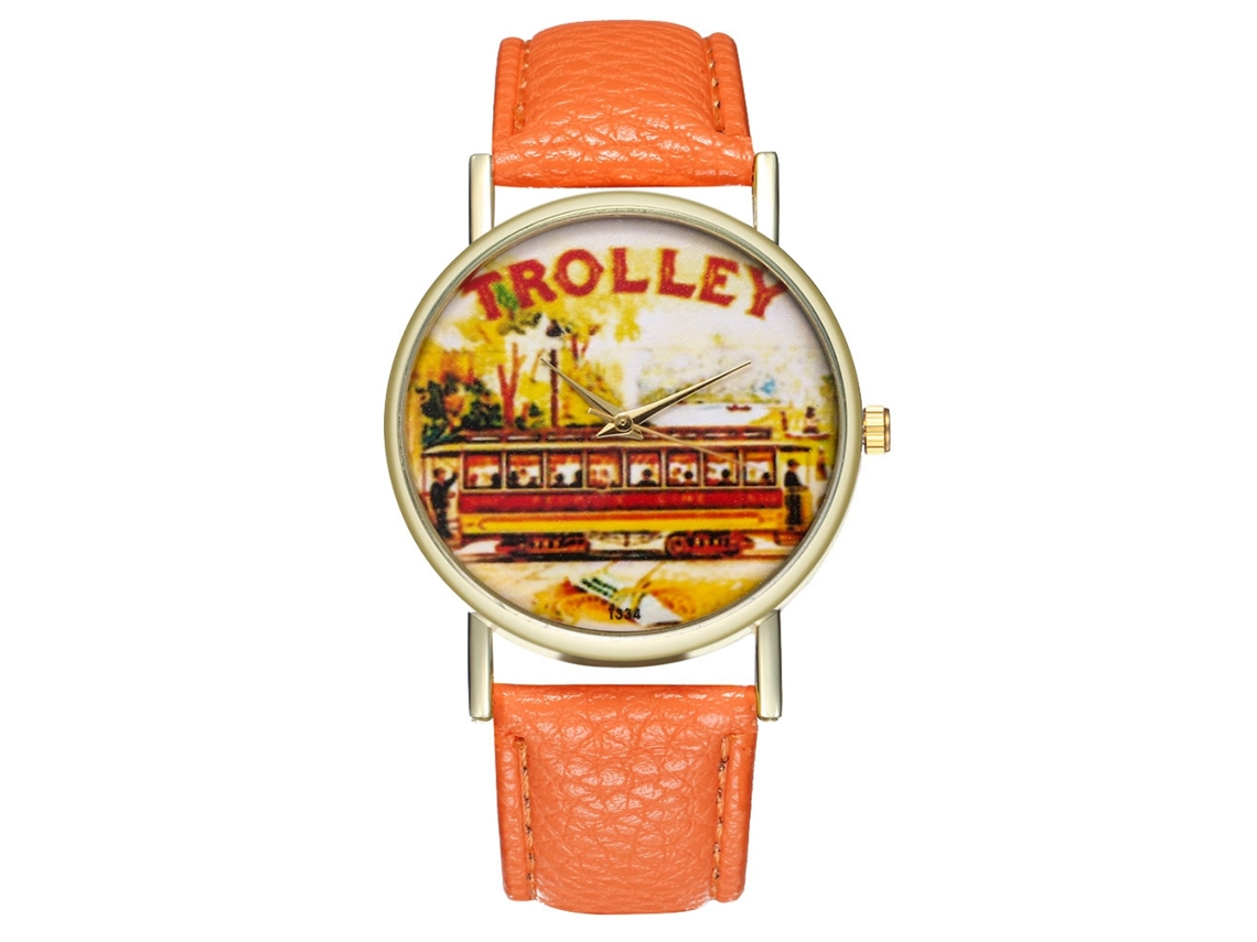 Reloj De Pulsera Unisex Con Correa De Pu Y Esfera Redonda, Diseño Estándar De Carrito Naranja.