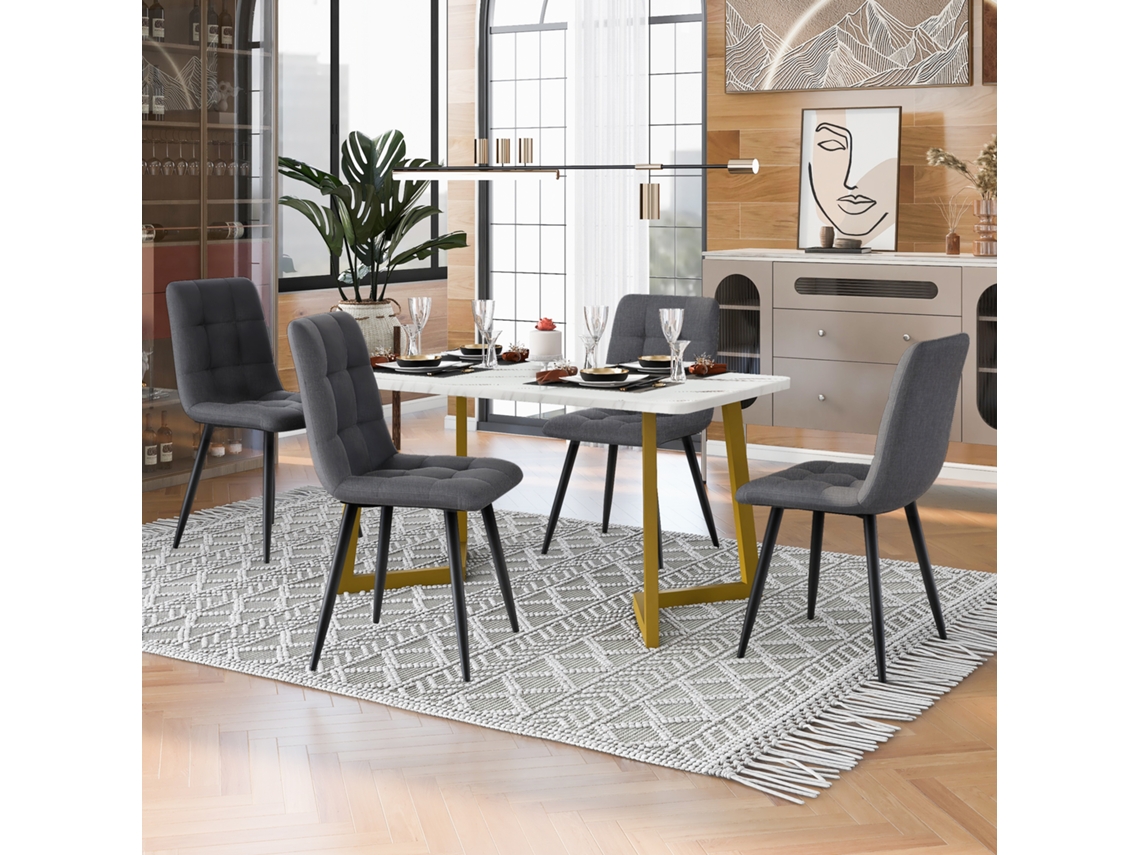 Set De Comedor 5 Piezas: Mesa 117 cm + 4 Sillas Gris Oscuro De Lino, Patas Doradas, Mesa De Cocina Moderna