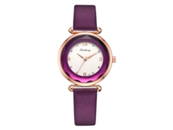 Reloj De Pulsera De Cuarzo Para Mujer Con Correa De Piel Sintética, Bisel De Oro Rosa Con Diamantes De Imitación Morados.