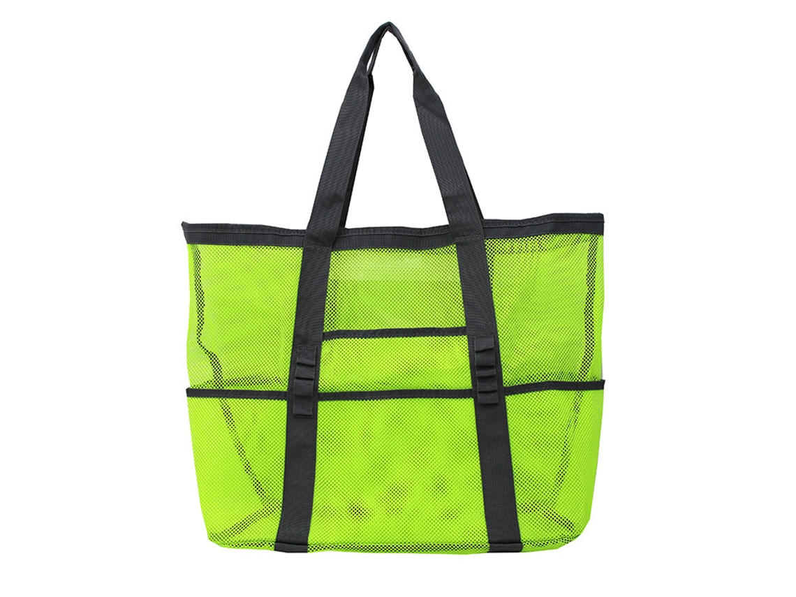 Bolsa de playa grande (verde fluorescente) con 8 bolsillos de malla.