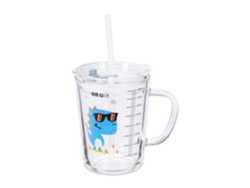 Relaxdays Set De 2 Vasos Infantiles, Diseño Dinosaurio, Jarrita Agua Niños, Con Asa, Tapa Y Pajita, 400 Ml, Transparente