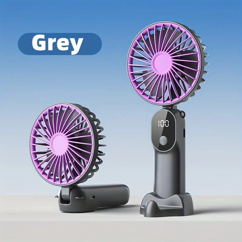 (gris) Mini Ventilador Usb Portátil, 6 Velocidades, Pantalla Digital, Plegable 3 En 1