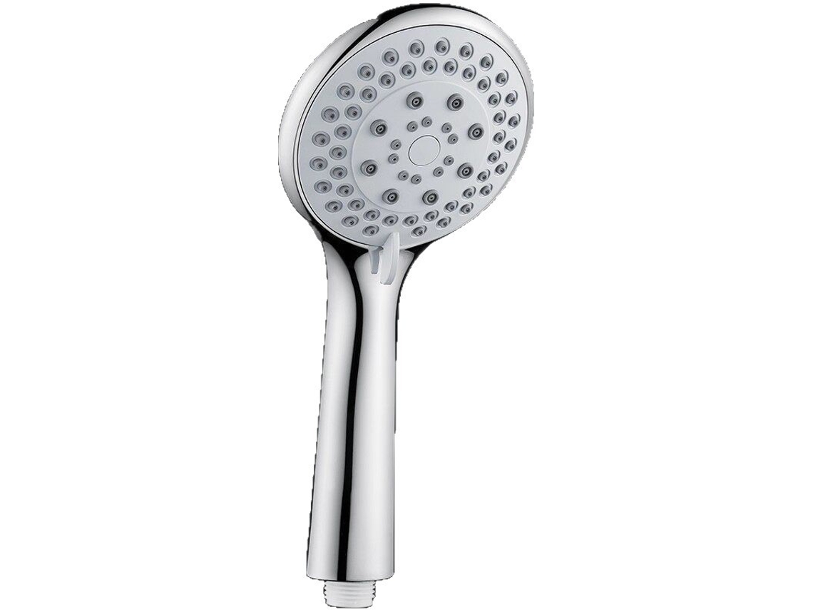 Aspersor manual multifuncional cromado con múltiples modos de pulverización ajustables.