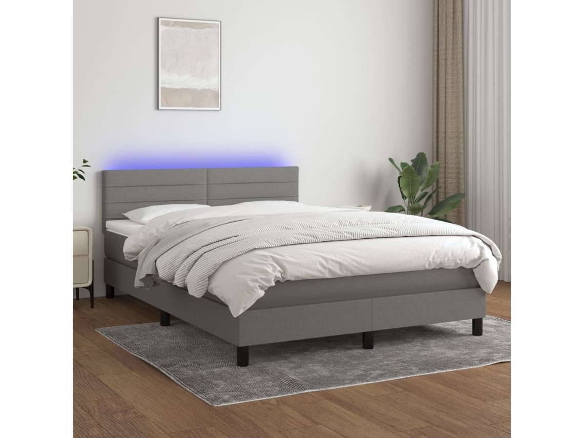 Cama box spring colchón y luces LED tela gris oscuro 140x200 cm