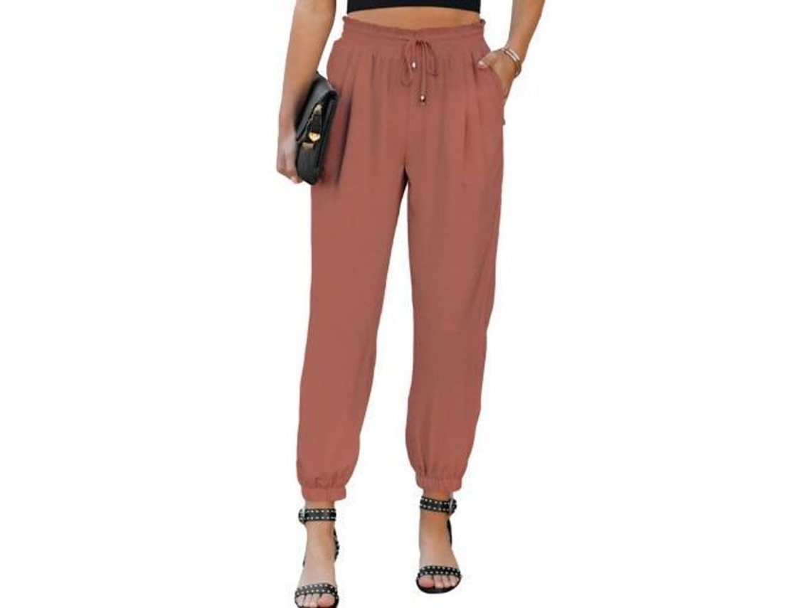 2026-pantalones Linen Mujer Casual Sueltos De Cintura Alta Elástica Con Cordón Y Bolsillos Cómodos M Caqui