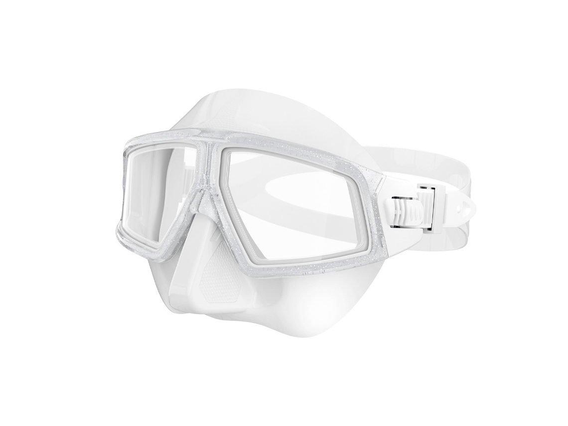 Máscara de buceo Hexinyigjly con visión de 180°, antivaho e impermeable, blanca.